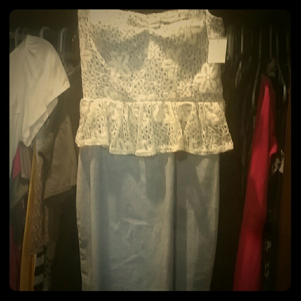 Strapless white lace and denim peplum style dress